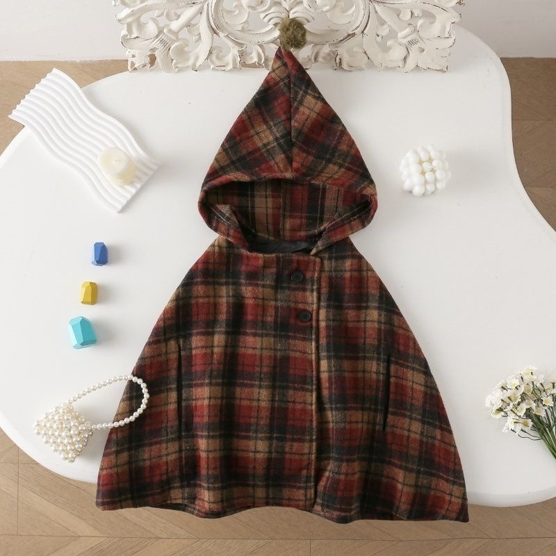 Winter Clothing For Babies - Kız Çocuk Ekose Pelerin Sevimli Kız